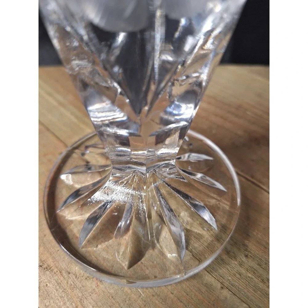 Vintage Etched Crystal Rose Candlestick Holder Faceted Glass Starburst Base 7.5